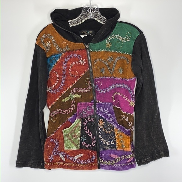 Rising Tide Boho Hippy Patchwork Hooded Full Zip Sweatshirt Size Medium - Picture 1 of 5